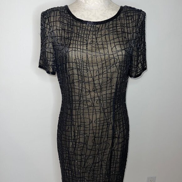 A.J. Bari Womens Dress Black Size 12 Vintage Beaded Shift Pure Silk Cocktail - Picture 15 of 16